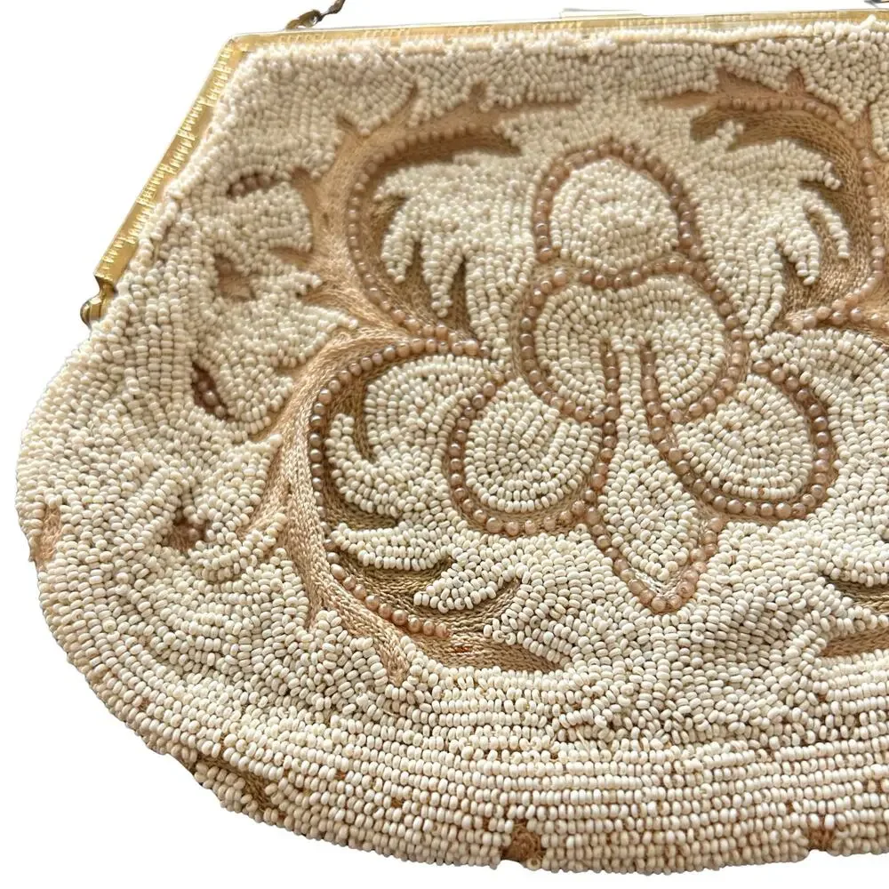 Vintage 1940s 1950s Beaded Evening Purse Gold Frame Chain Floral Bridal Bag